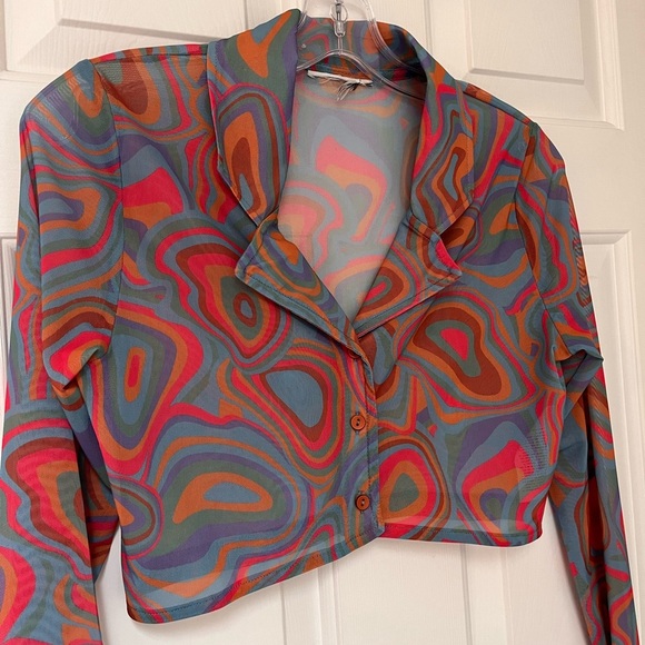 Milk It Retro Psychedelic Print Mesh Button-Up Crop Top S - Picture 4 of 10